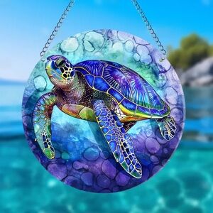 Charming Sea Turtle Suncatcher w Chain, Blue